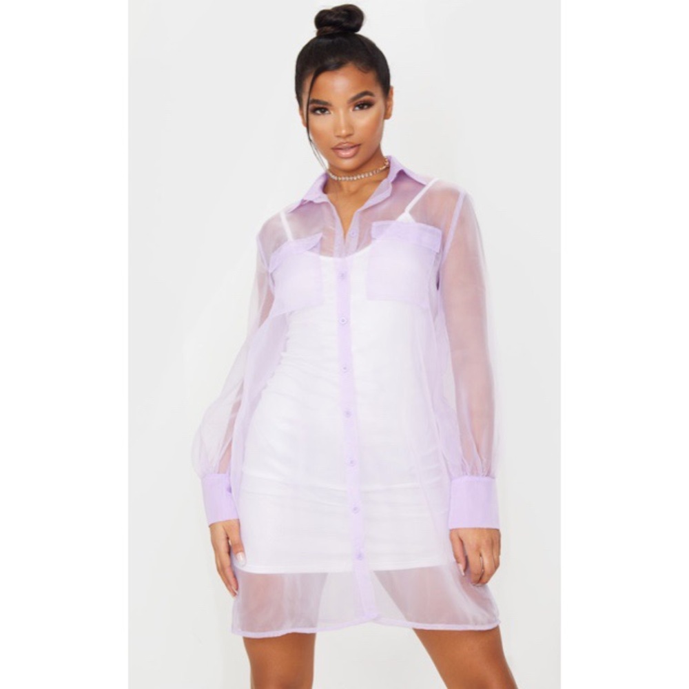 Lilac Organza Pocket Detail Long Sleeve Shirt Dress